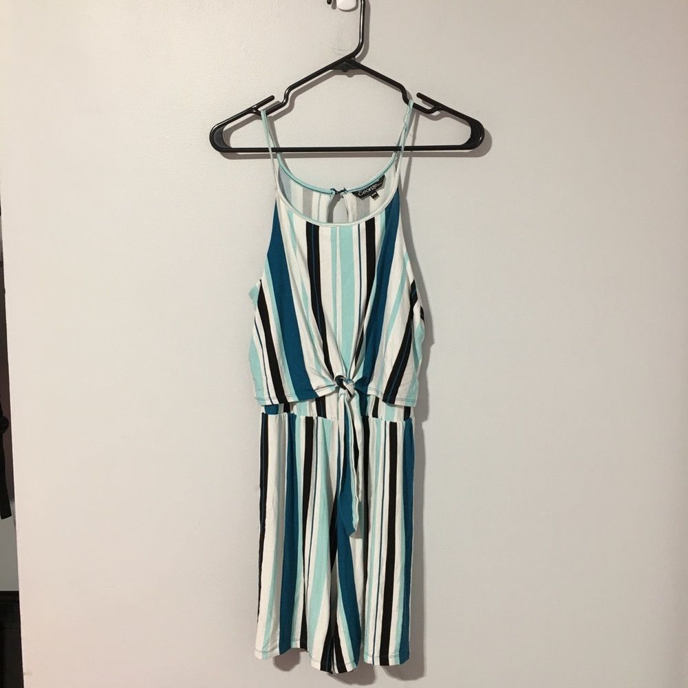 George women’s blue black white tie front striped romper size M